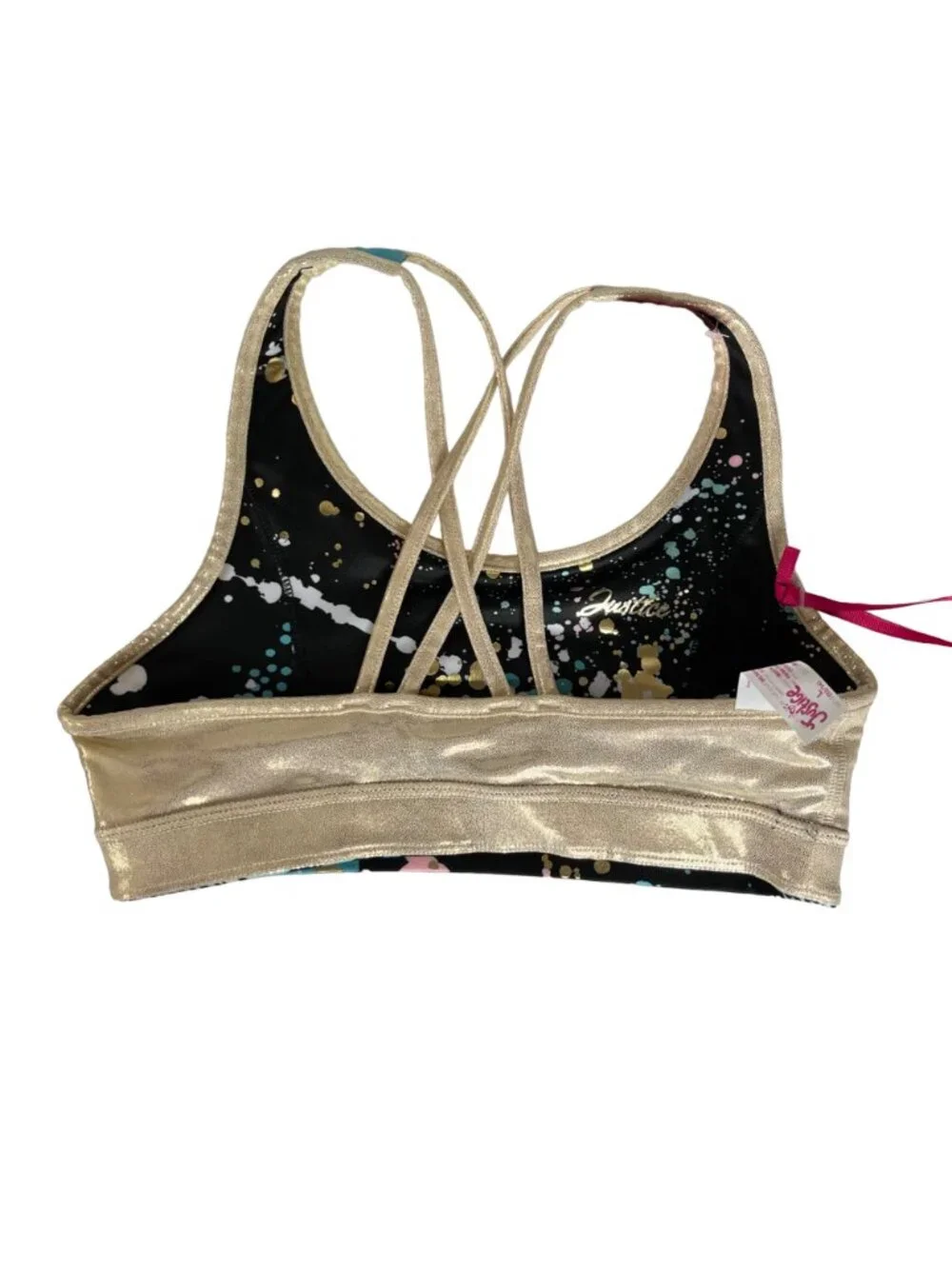 Justice Reversible Crisscross Sports Bra Girls 14/16 Black Gold New Splatter Me